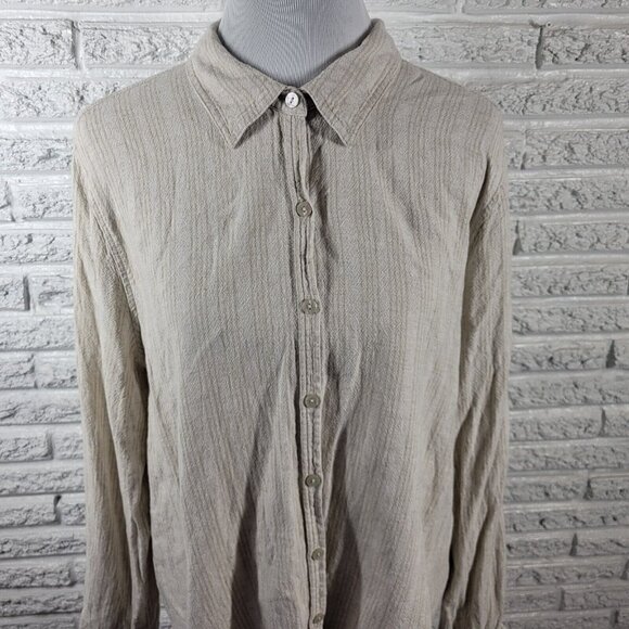 Orvis Womens Top Extra Large Roll Tab Sleeve Beige Stripe Button Up STR60E - Picture 2 of 10